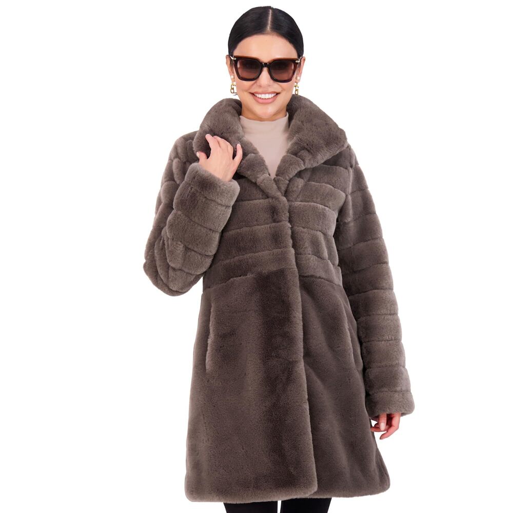 Jones New York Long Faux Fur Coat - Faux Fur Winter Coat with, Taupe, Size XL